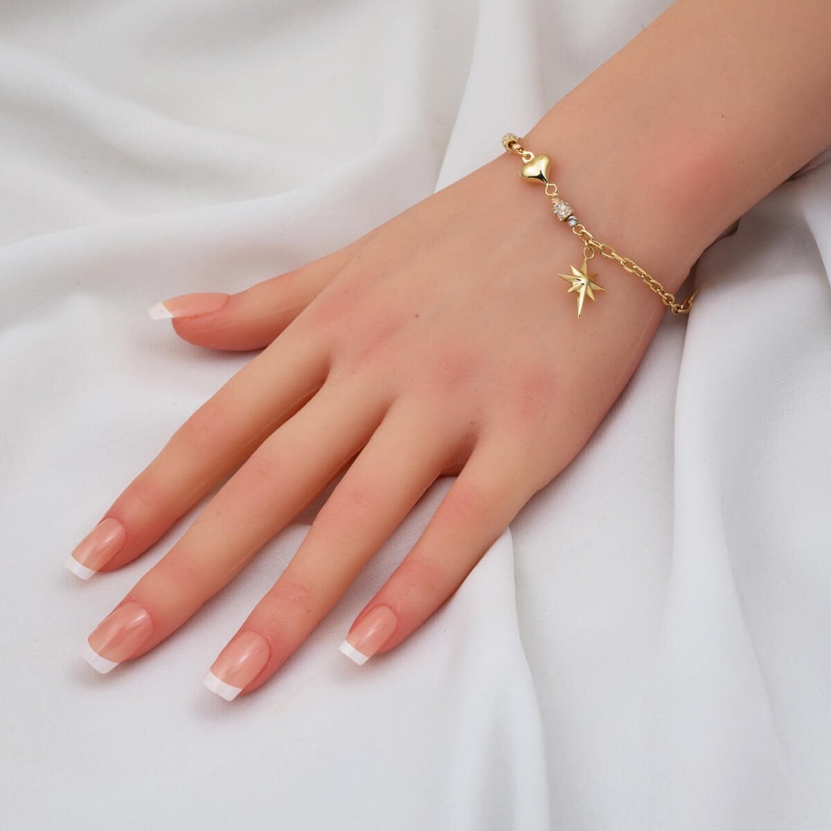 14K Yellow Gold Designer Inspired Heart Star Cubic Zirconia Bracelet