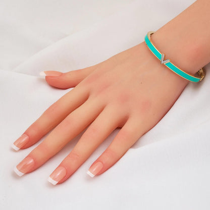 14K Yellow Gold Designer Inspired Turquoise Colored Hinged Cuff