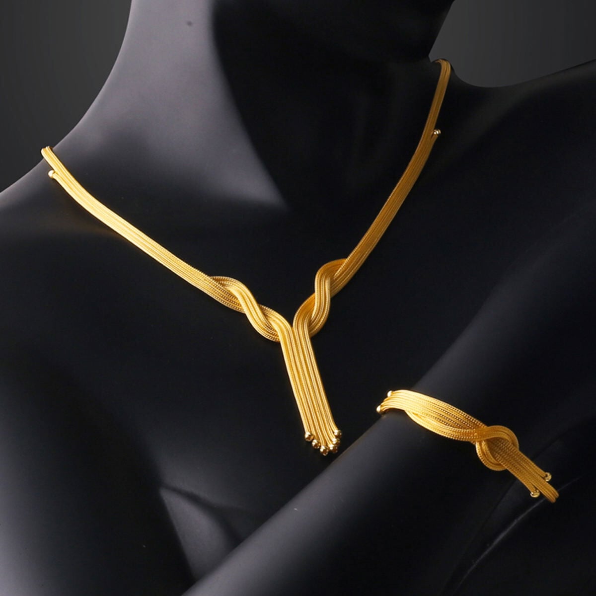 14K Yellow Gold Ivy Woven Link Double Wedding Set