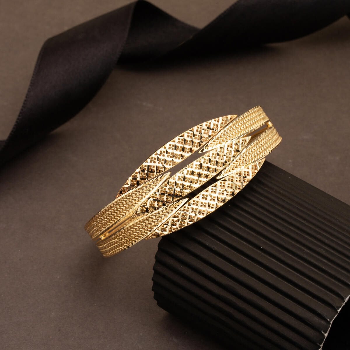 14K Yellow Gold Flower of Life Ribbed Hinged Cuff Bangle