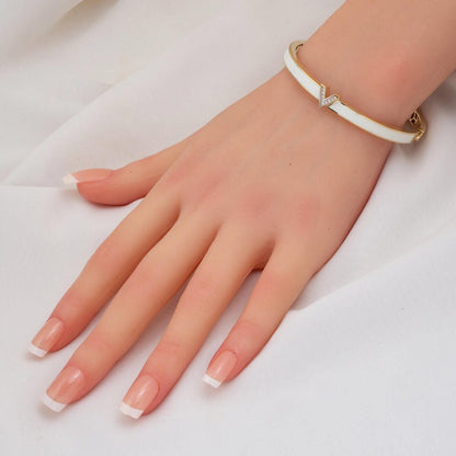 14K Yellow Gold White Enamel Designer Inspired Style Cubic Zirconia Bangle