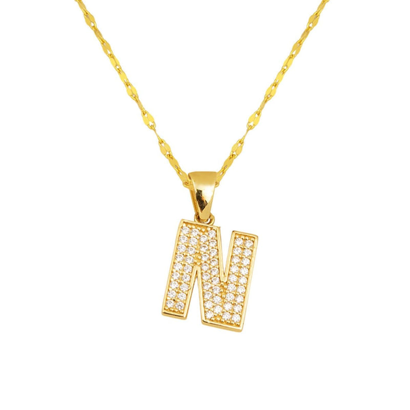 14K Yellow Gold N Initial Cubic Zirconia Women's Necklace