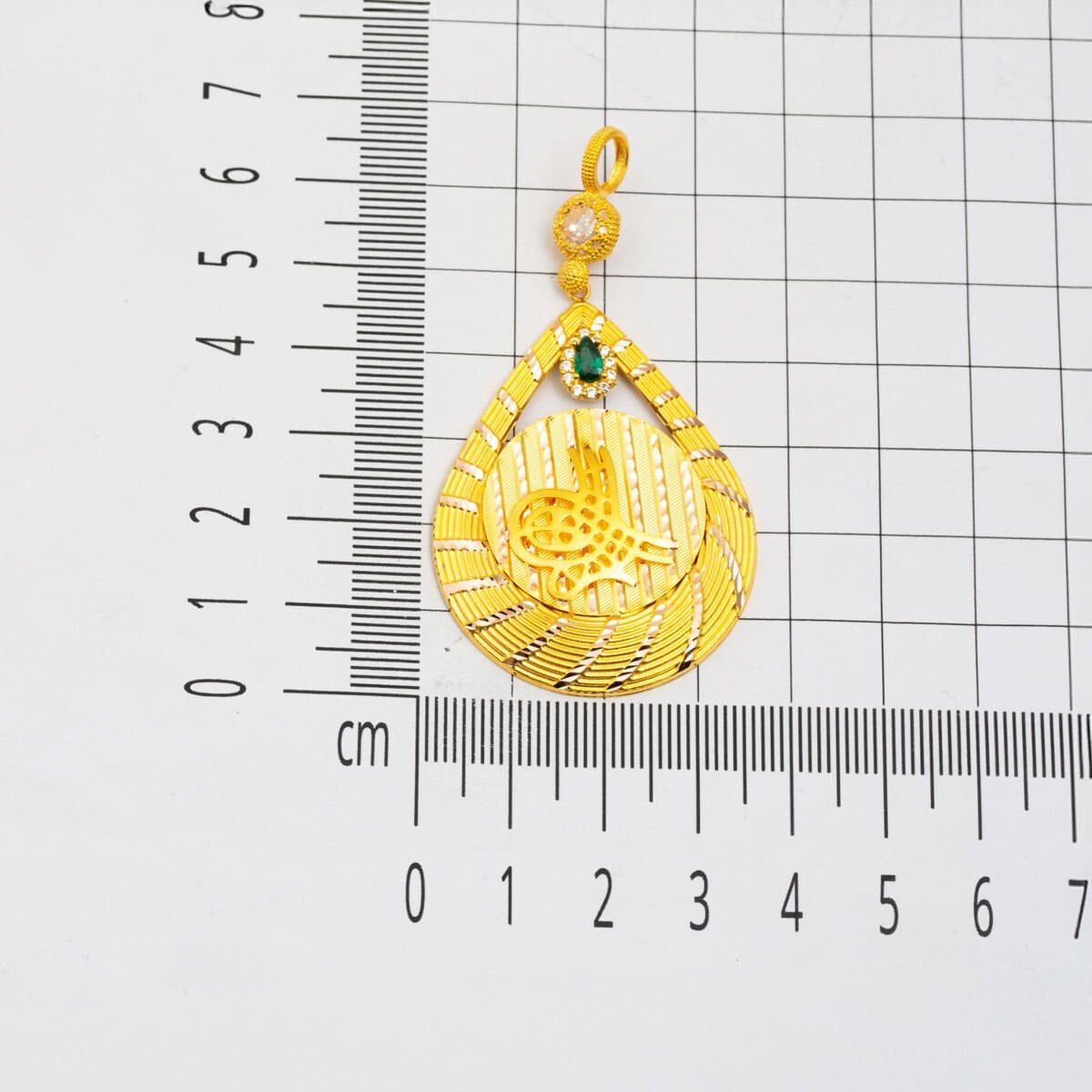 14K Yellow Gold Ottoman Tughra Teardrop Cubic Zirconia Necklace