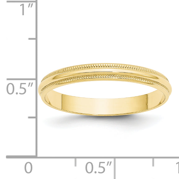 Solid 10K Yellow Gold 3mm Light Weight Milgrain Half Round Men's/Women's Wedding Band Ring Size 10