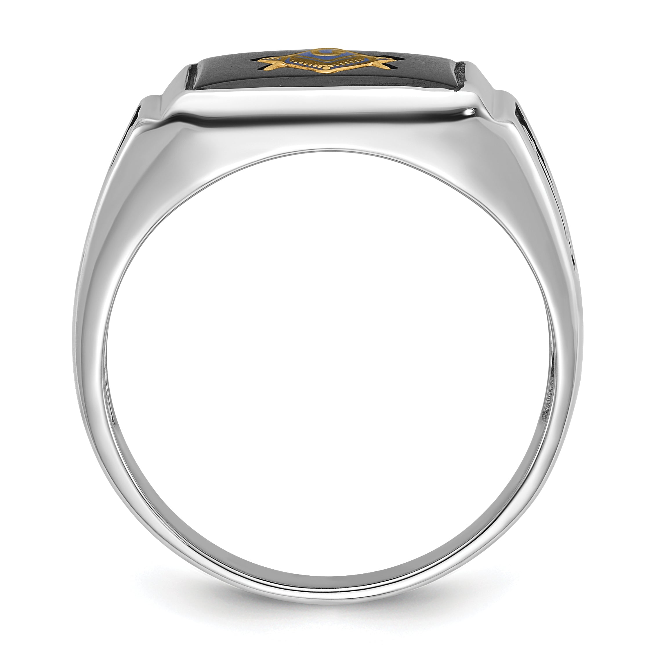 10K White Gold Men'S Polished And Textured With Black Enamel Onyx Masonic Ring