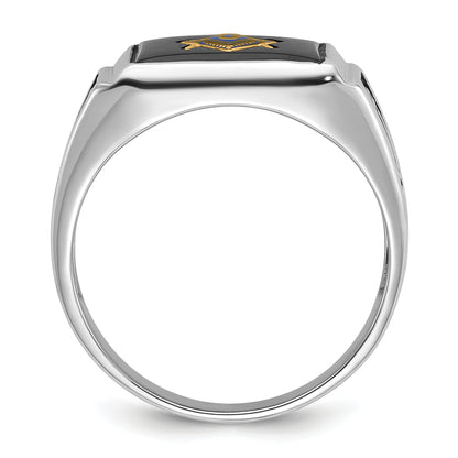 10K White Gold Men'S Polished And Textured With Black Enamel Onyx Masonic Ring