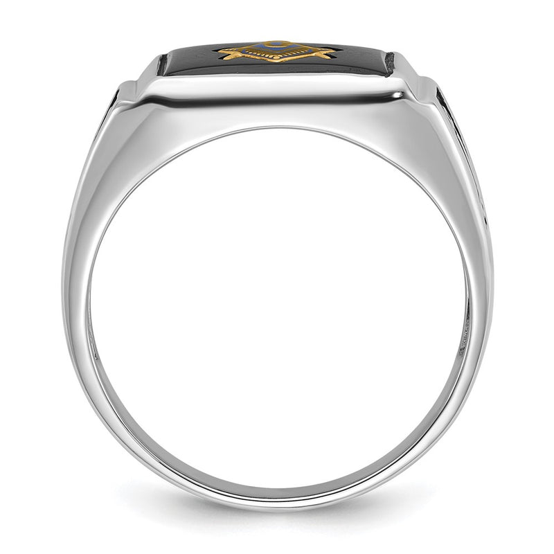 10K White Gold Men'S Polished And Textured With Black Enamel Onyx Masonic Ring