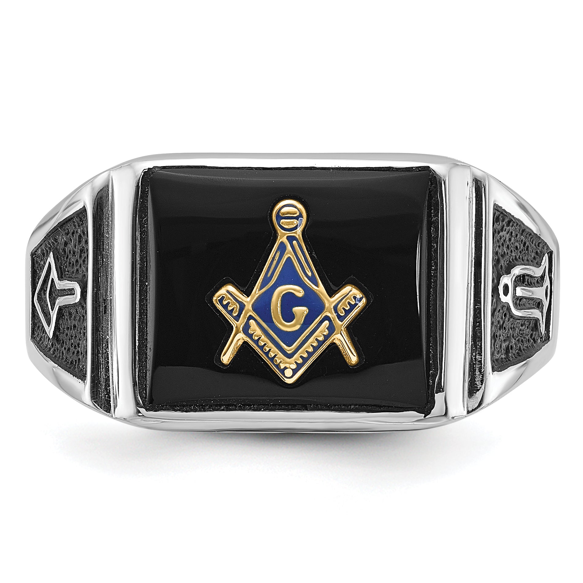 10K White Gold Men'S Polished And Textured With Black Enamel Onyx Masonic Ring