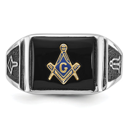 10K White Gold Men'S Polished And Textured With Black Enamel Onyx Masonic Ring