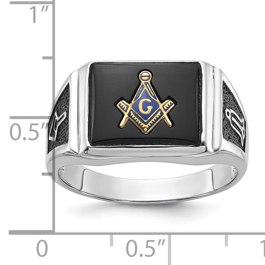 10K White Gold Men'S Polished And Textured With Black Enamel Onyx Masonic Ring