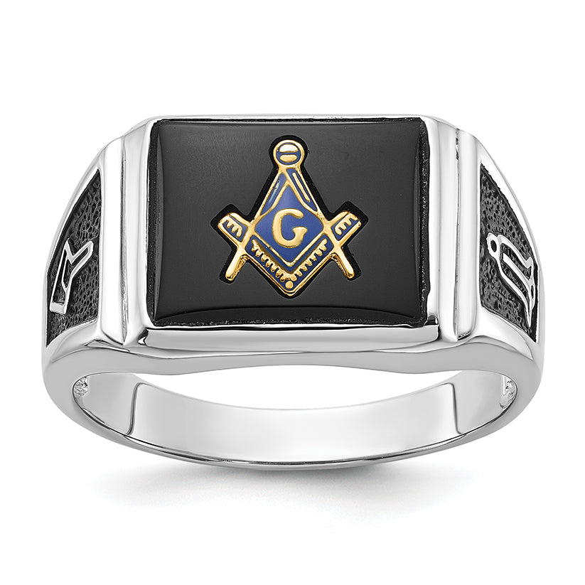 10K White Gold Men'S Polished And Textured With Black Enamel Onyx Masonic Ring