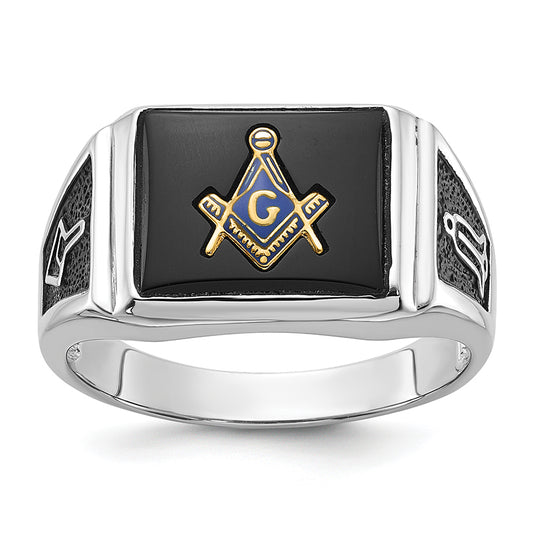 10K White Gold Men'S Polished And Textured With Black Enamel Onyx Masonic Ring