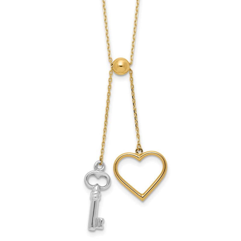 14K Two-Tone Gold Two-tone Polished Adjustable-Dangle Heart and Key 17 Inch Lariat Necklace
