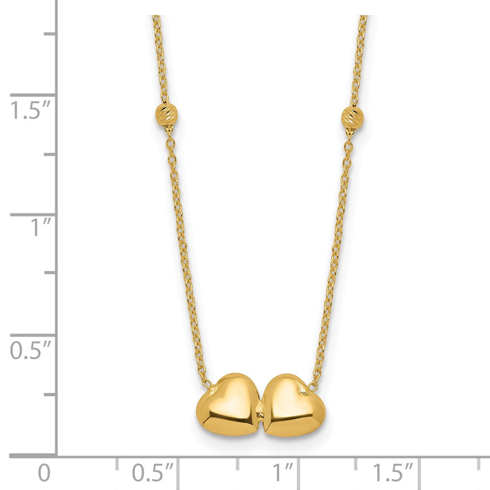 14K Yellow Gold Polished Double Heart with Diamond-cut Beads 16 Inch Necklace Plus 2 Inch Extender