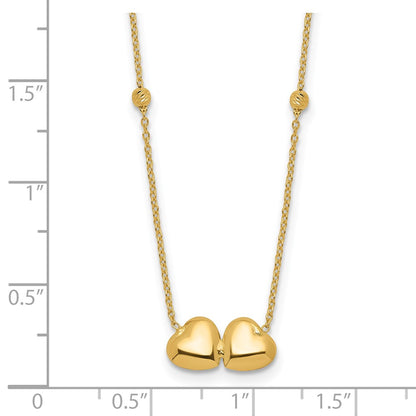 14K Yellow Gold Polished Double Heart with Diamond-cut Beads 16 Inch Necklace Plus 2 Inch Extender