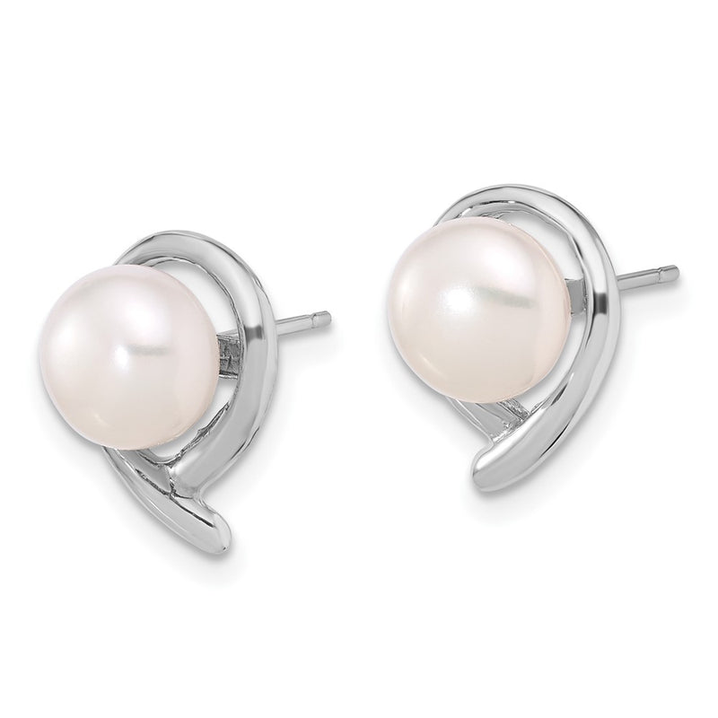 14K White Gold 7-8mm White Button Freshwater Cultured Pearl Post Earrings