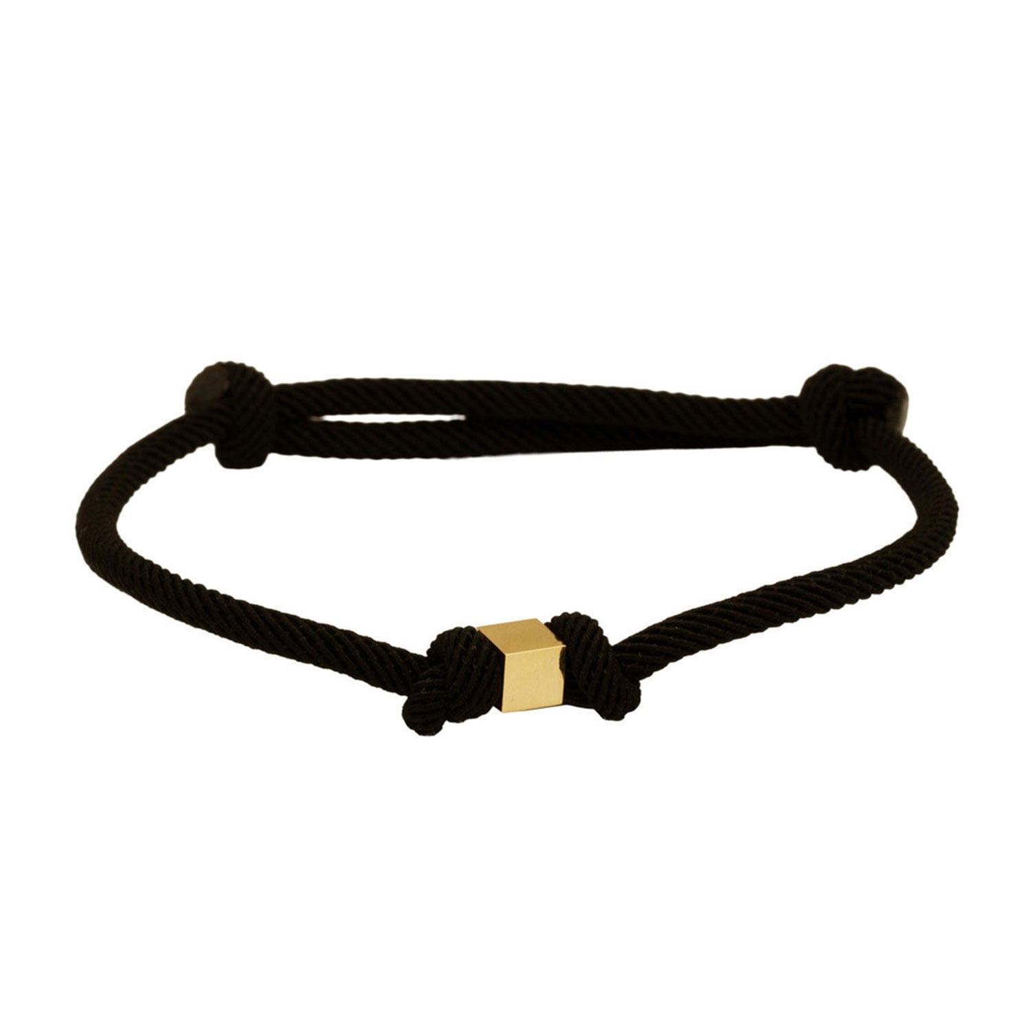 14K Yellow Gold Cube Black Cord Bracelet