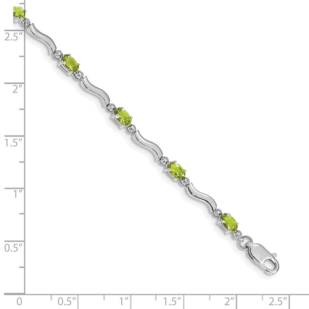 14K White Gold Complete Diamond and Oval Peridot Wavy Link 7 Inch Bracelet