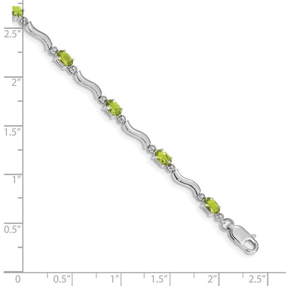 14K White Gold Complete Diamond and Oval Peridot Wavy Link 7 Inch Bracelet