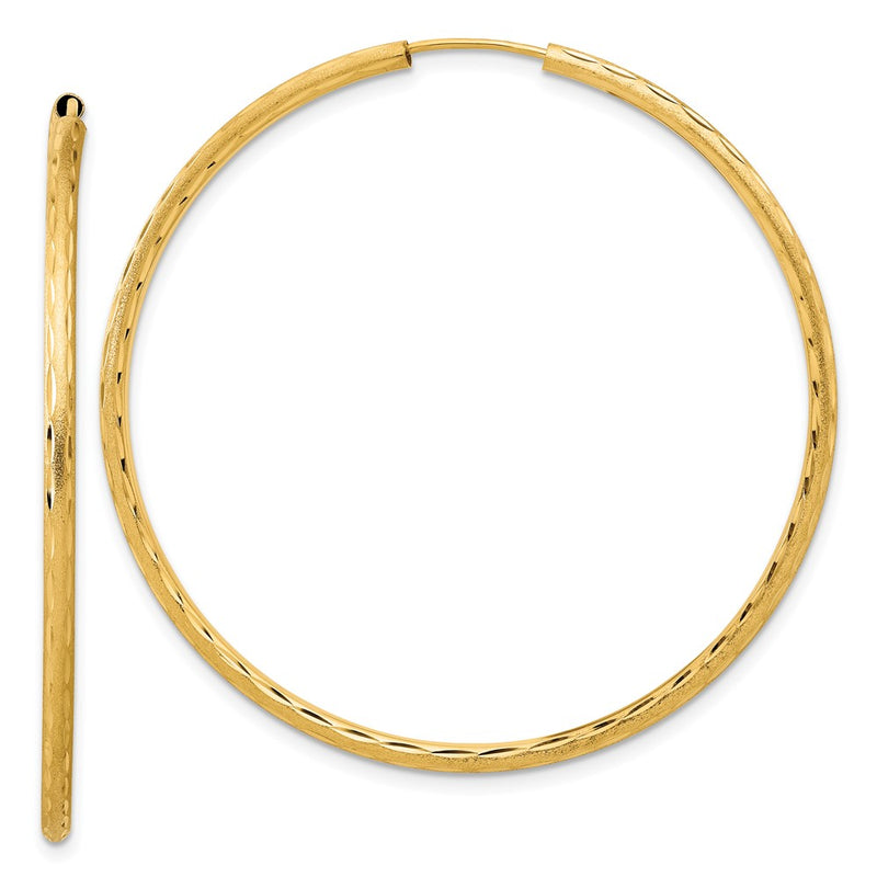 14K Yellow Gold 2.00x50mm Polished and Satin Diamond-cut Endless Tube Hoop Earrings