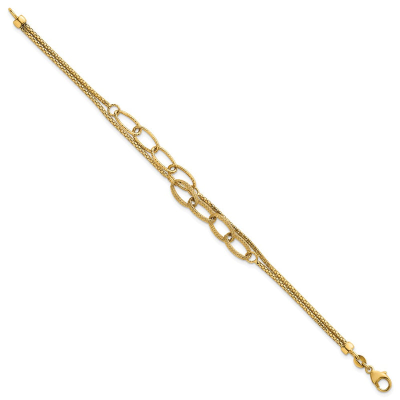 14K Yellow Gold Polished and Textured Woven Double Strand with Oval Links 7.25 Inch Bracelet