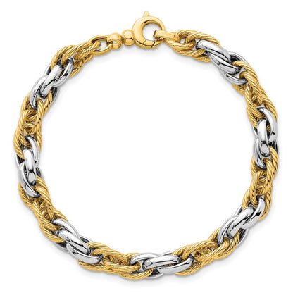 14K Two-Tone Gold Two-tone Polished and Twisted 6.5mm Lightweight Fancy Rope Link Chain Bracelet