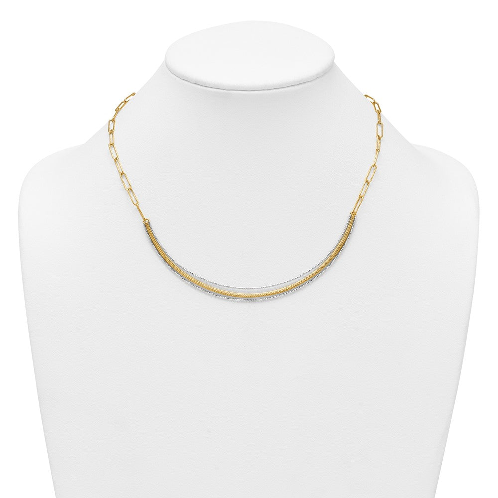 14K Two-Tone Gold Textured Woven Curved Bar with Long Link 17 Inch Necklace Plus 2 Inch Extender