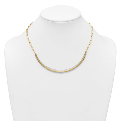 14K Two-Tone Gold Textured Woven Curved Bar with Long Link 17 Inch Necklace Plus 2 Inch Extender