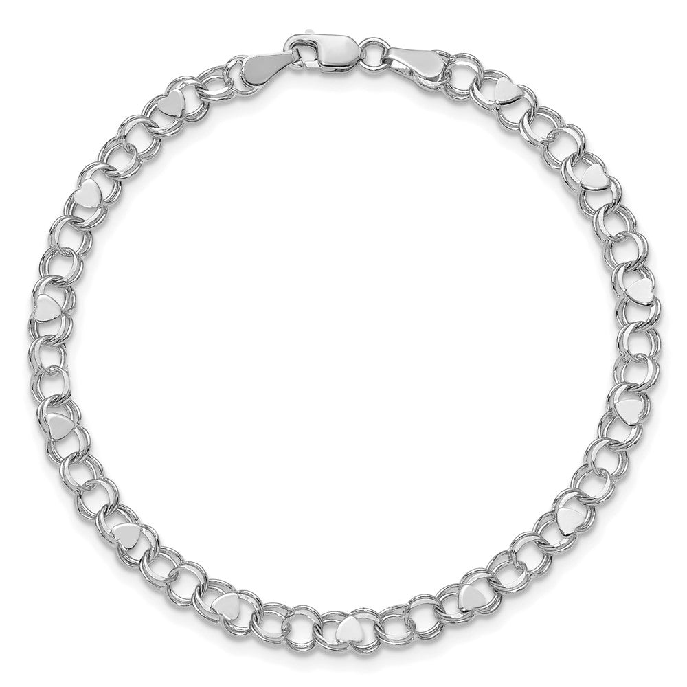 14K White Gold 4mm Solid Double Link with Hearts 7 Inch Charm Bracelet