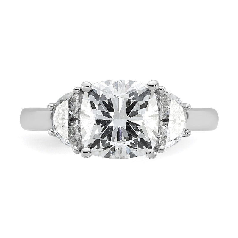 14K White Gold 5/8 carat Lab Grown Diamond VS+ F+ Half Moon and 2 1/2 carat Cushion Center Semi Mount Three Stone Engagement Ring