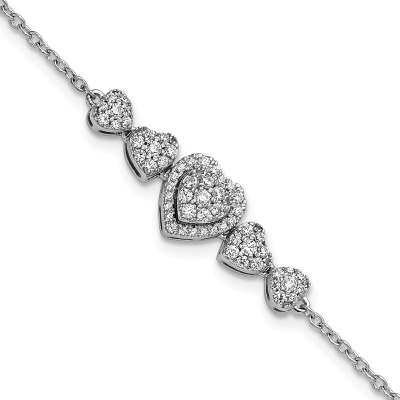 14K White Gold Polished Complete 5/8 carat Diamond Hearts 7 Inch Bracelet with 1 Inch Extender