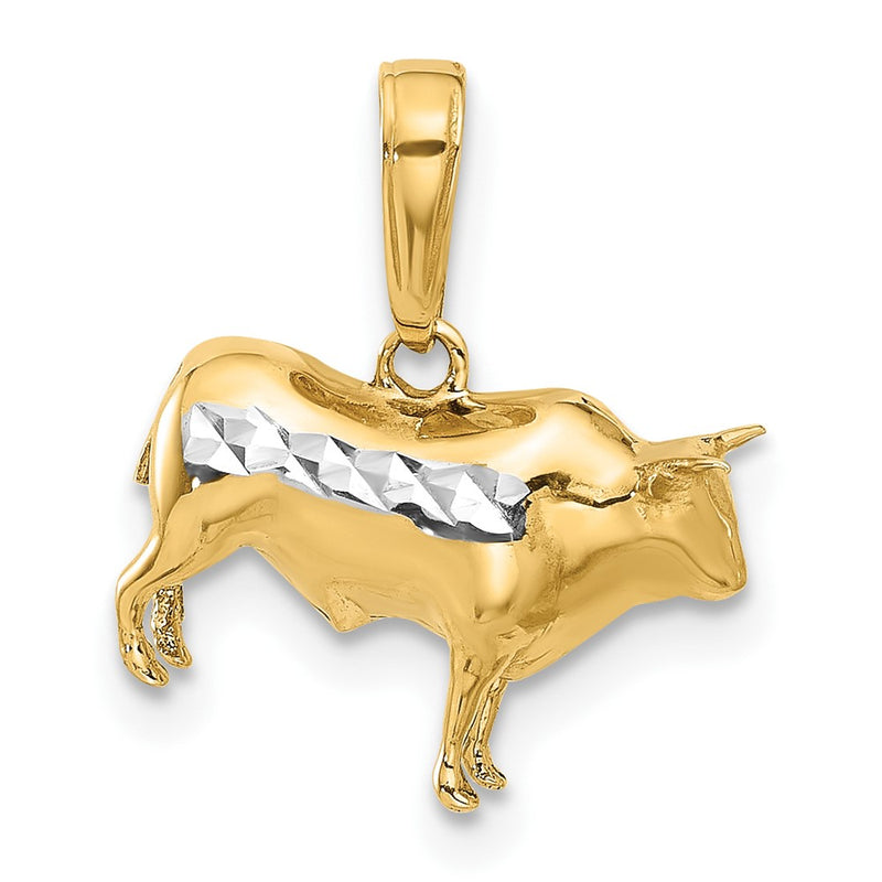 14K Yellow Gold and Rhodium Diamond-cut 3-D Bull Pendant