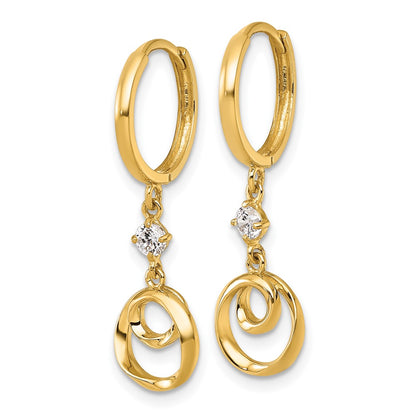 14K Yellow Gold Polished and Twisted Dangling Circle and CZ Round Hinged Hoop Earrings