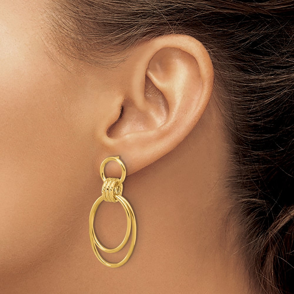 14K Yellow Gold Polished and Textured Oval Dangle Post Earrings