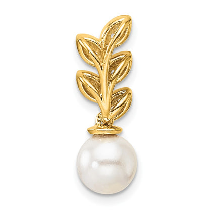 14K Yellow Gold Polished 1/15 carat Diamond and Freshwater Cultured Pearl Leaf Design Chain Slide