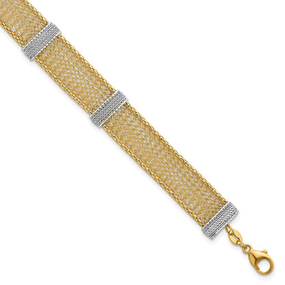 14K Two-Tone Gold Two-tone Textured 10.6mm Mesh 6.75 Inch Bracelet Plus 1 Inch Extender