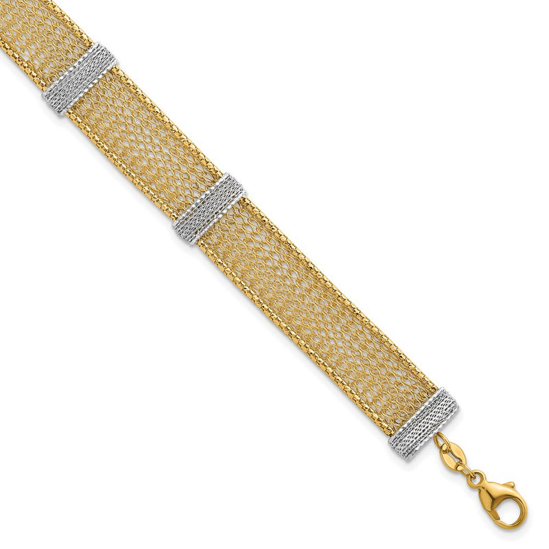 14K Two-Tone Gold Two-tone Textured 10.6mm Mesh 6.75 Inch Bracelet Plus 1 Inch Extender