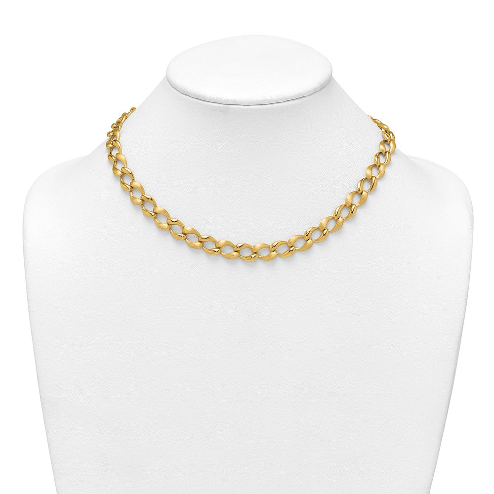 14K Yellow Gold Brushed and Polished 9mm Fancy Curb Link 17 Inch Necklace