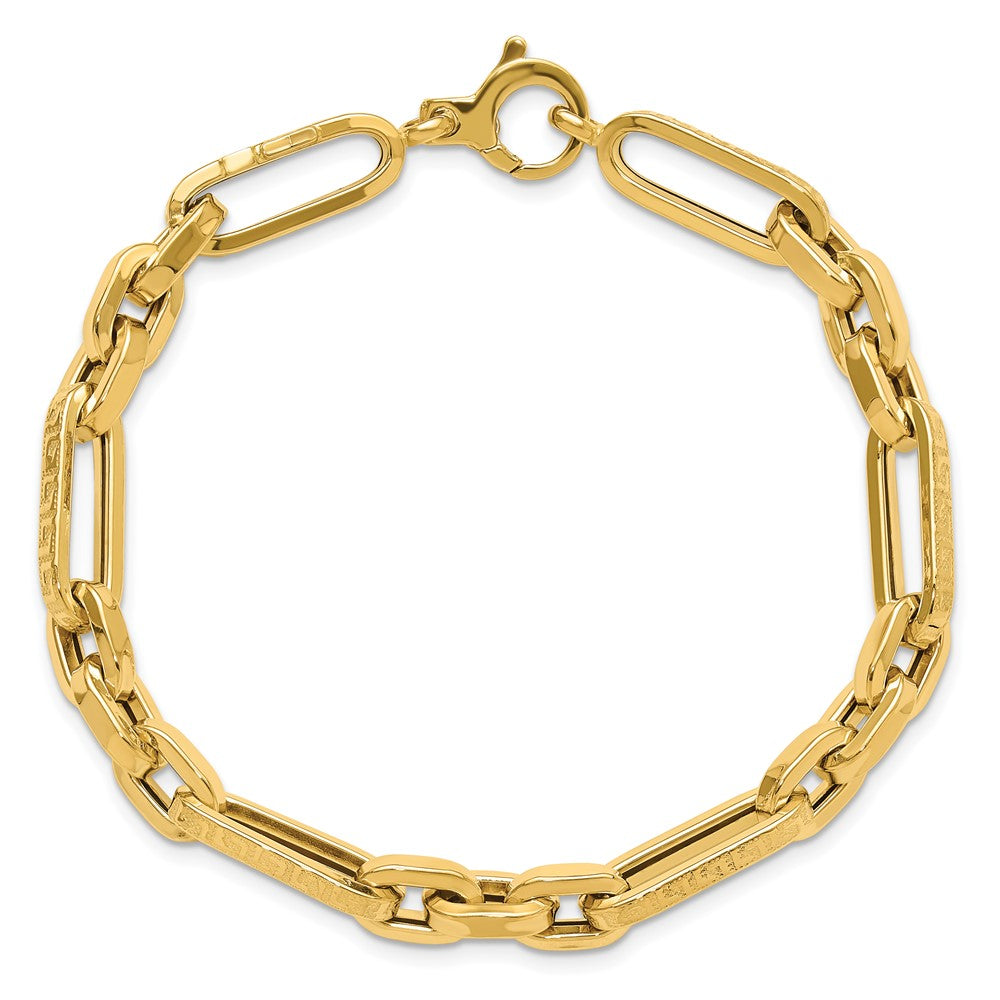 14K Yellow Gold Polished and Textured 7.2mm Greek Key Design Figaro Cable Link 8 Inch Bracelet