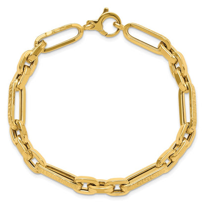 14K Yellow Gold Polished and Textured 7.2mm Greek Key Design Figaro Cable Link 8 Inch Bracelet