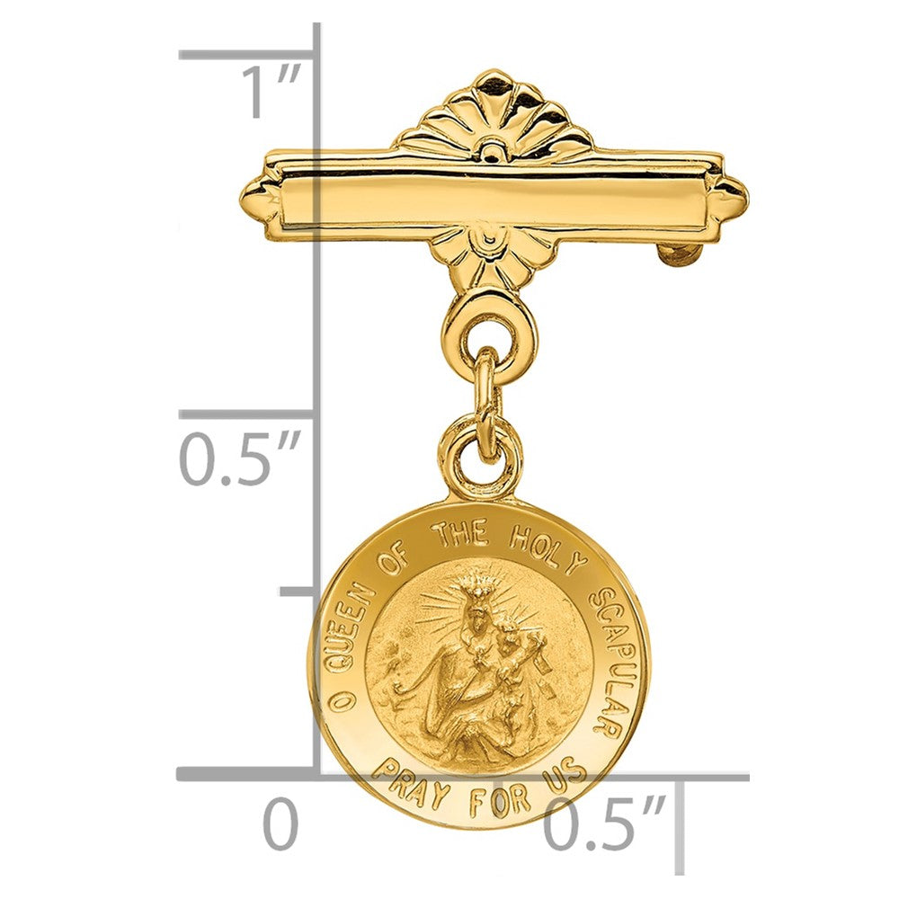 14K Yellow Gold Polished and Satin Solid Reversible Queen of the Holy Scapular and Sacred Heart Medal Pin