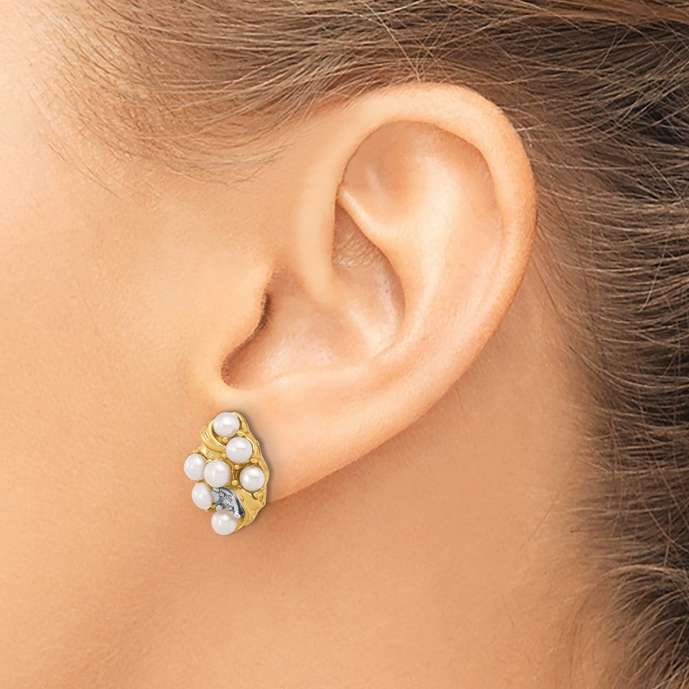 14K Yellow Gold 3-4mm Button Freshwater Cultured Pearl and .02 Carat Diamond Post Earrings