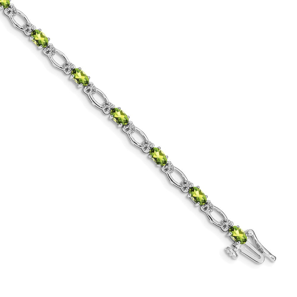14K White Gold Complete Diamond and Oval Peridot Heart Accent 7 Inch Bracelet