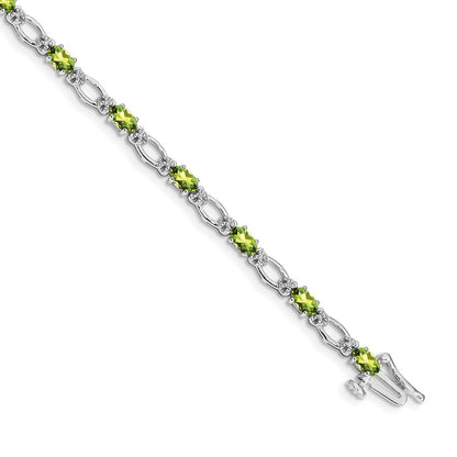 14K White Gold Complete Diamond and Oval Peridot Heart Accent 7 Inch Bracelet