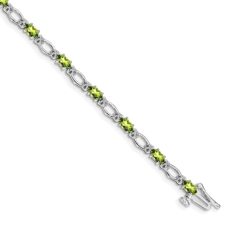 14K White Gold Complete Diamond and Oval Peridot Heart Accent 7 Inch Bracelet