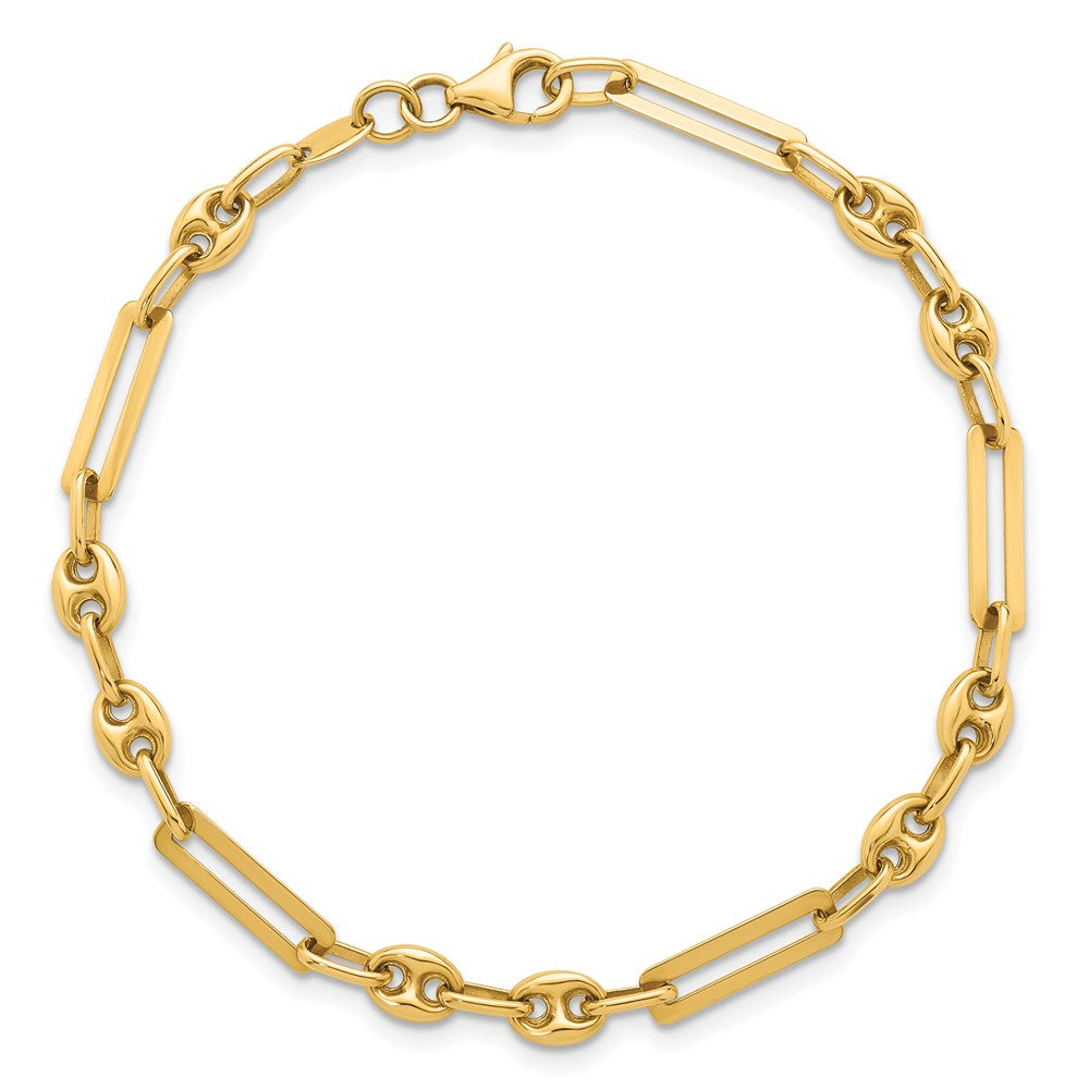 14K Yellow Gold Polished 4mm Fancy Paperclip and Puffed Anchor/Mariner Link Chain Bracelet