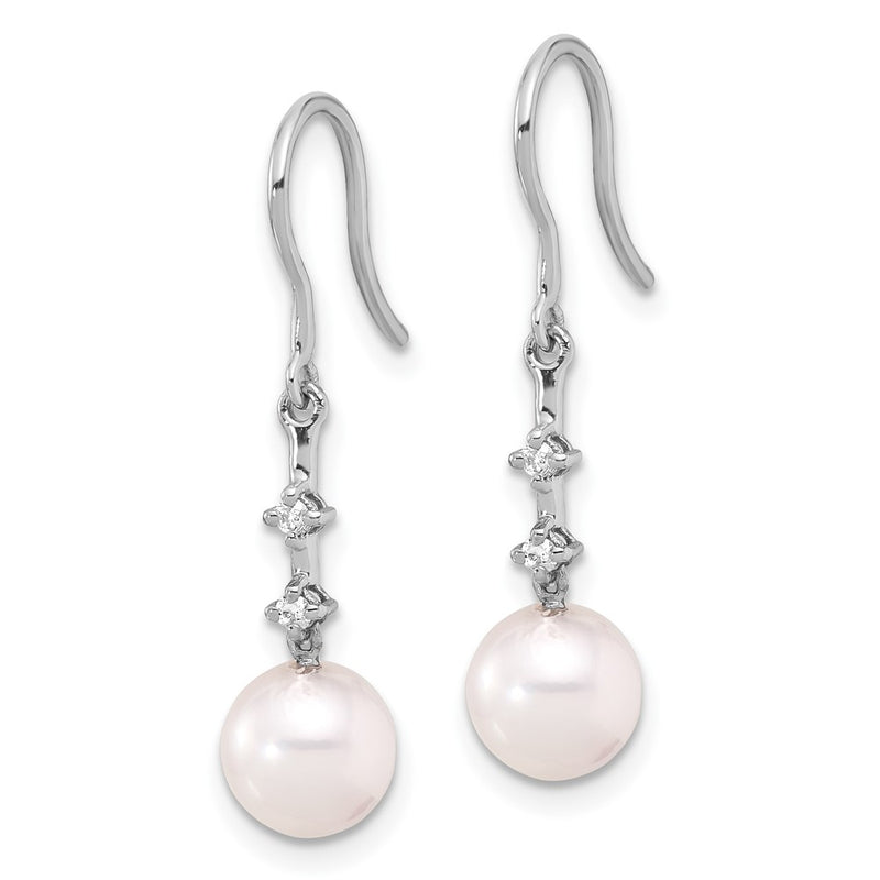 14K White Gold 7-8mm White Round Akoya Saltwater Cultured Pearl and .04 Carat Diamond Shepherd Hook Dangle Earrings