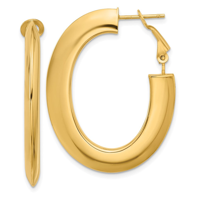 14K Yellow Gold 3x37mm Polished Knife-Edge Oval Omega Back Tube Hoop Earrings