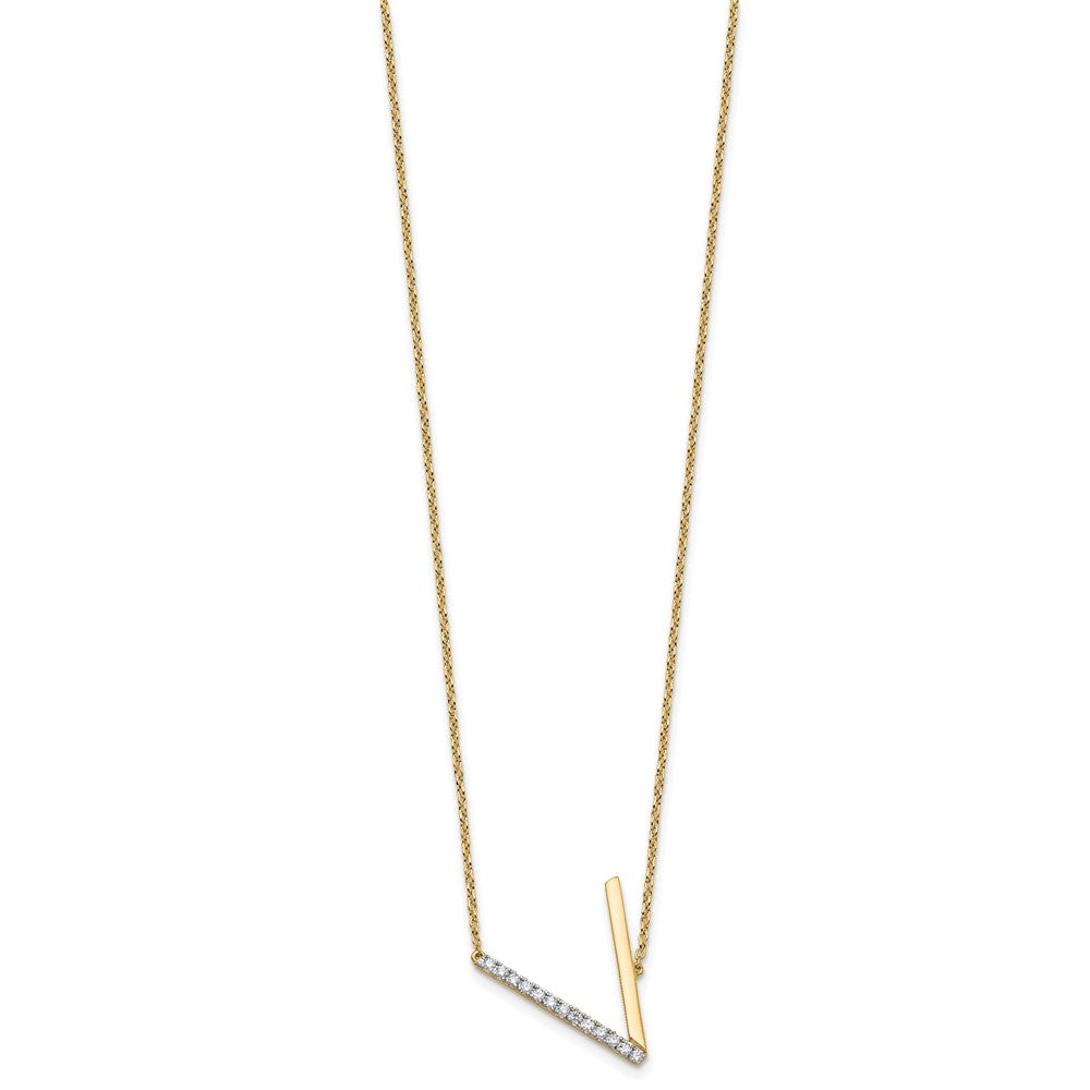 14K Yellow Gold Sideways Diamond Initial V 18 Inch Necklace
