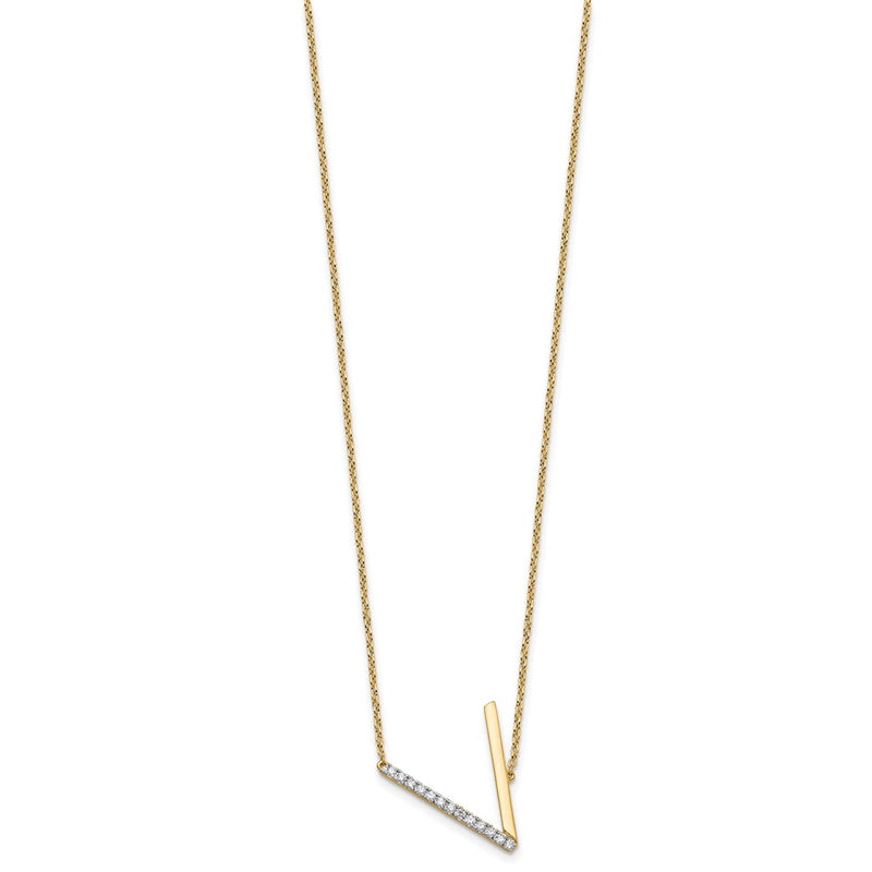 14K Yellow Gold Sideways Diamond Initial V 18 Inch Necklace